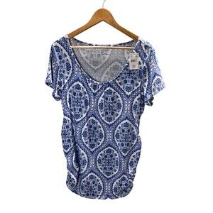 Motherhood Top Women's Size XL Maternity Blue White Geometric Paisley